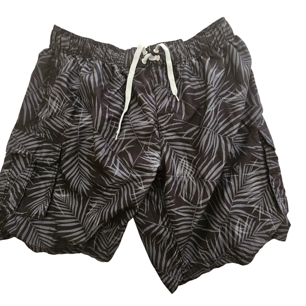Kanu Surf Mens 3X Swim Trunks Black‎ Grey Palm Leaf Cargo Board Shorts Mesh